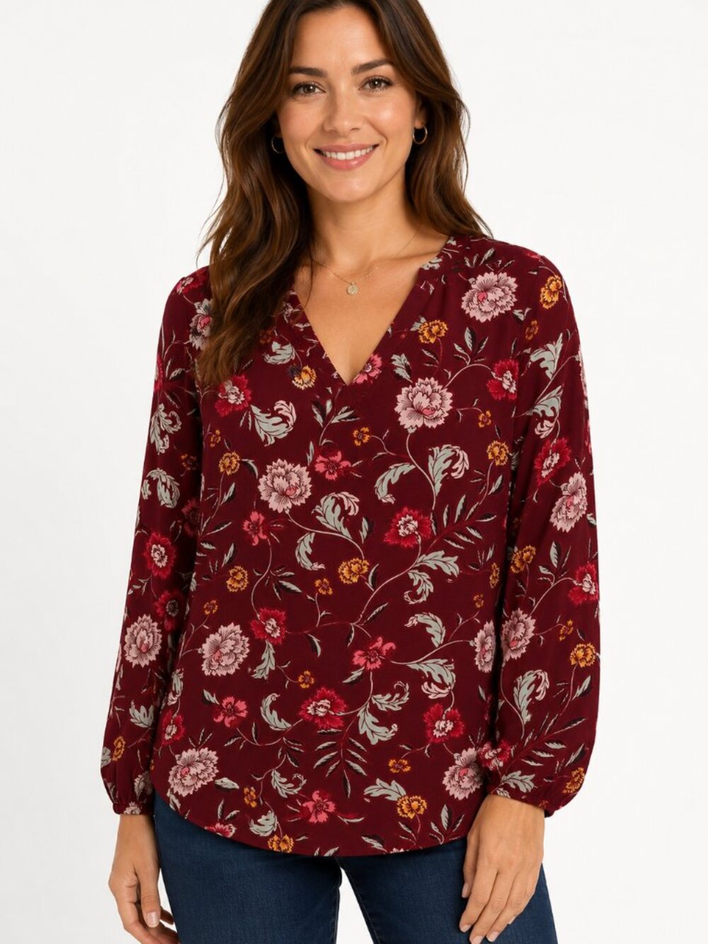 Old Navy XL Tall Burgundy Floral Faux Wrap Blouse Long Sleeve Rayon Boho Peasant